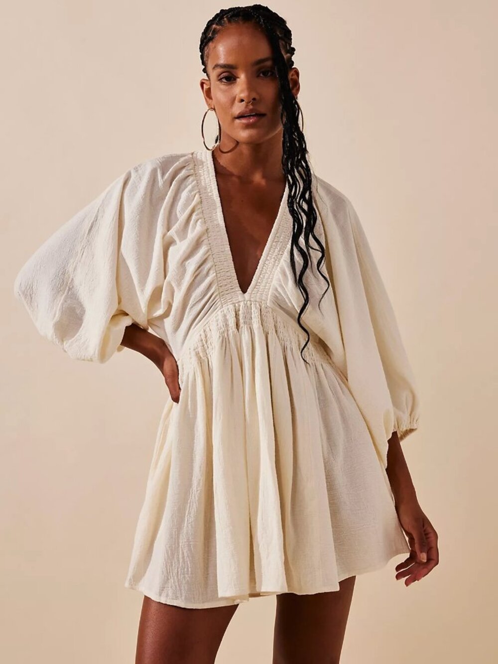 Free People Cream Mini Dress with Deep V Neck